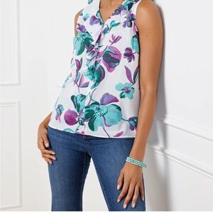 Talbots Floral Print Sleeveless Blouse - Purple and Teal
